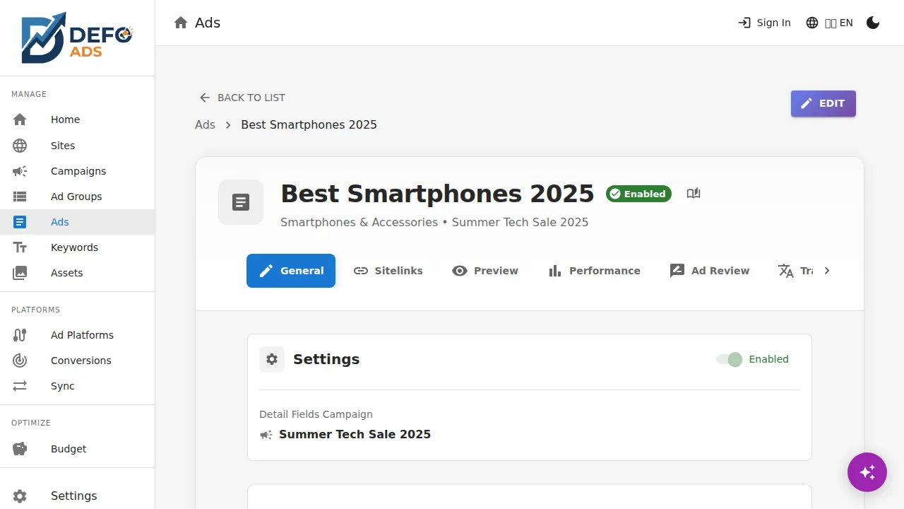 Inline ad editing interface