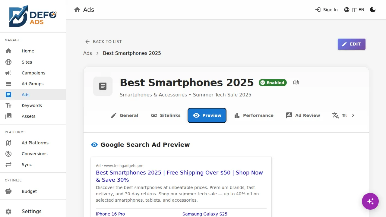 Google Search-style ad preview
