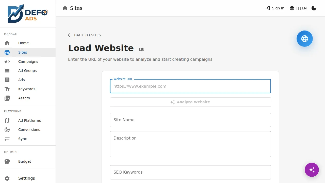 Entering a website URL for AI brand analysis