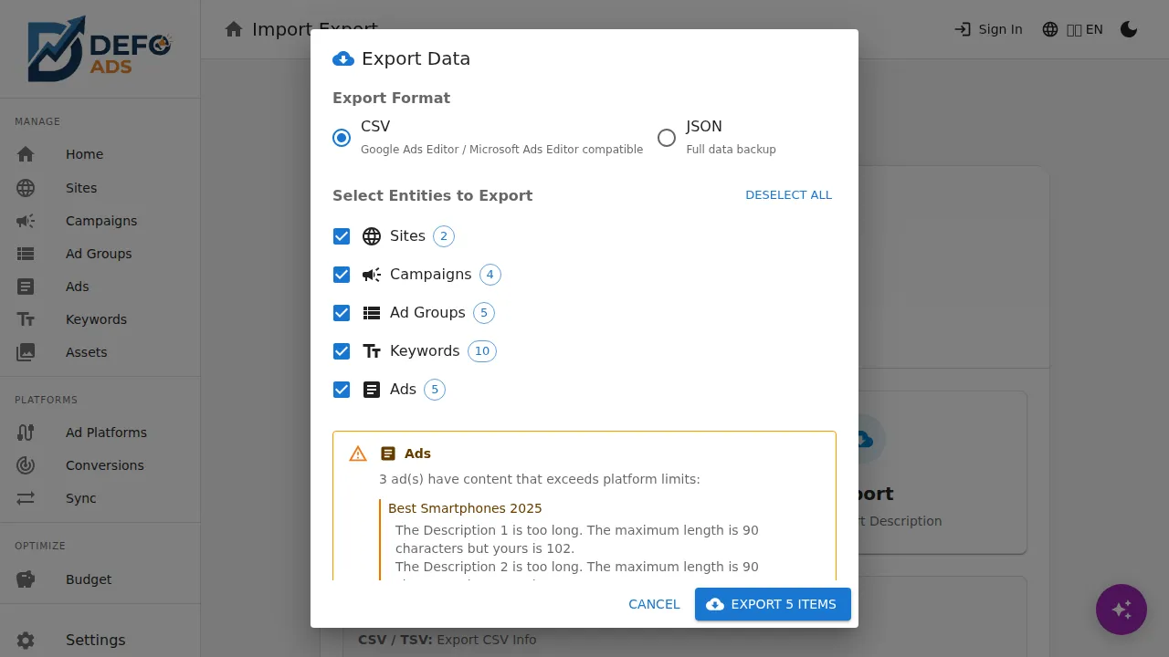 Export configuration dialog