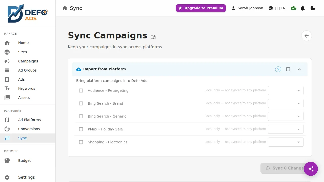 Sync page with import and export controls